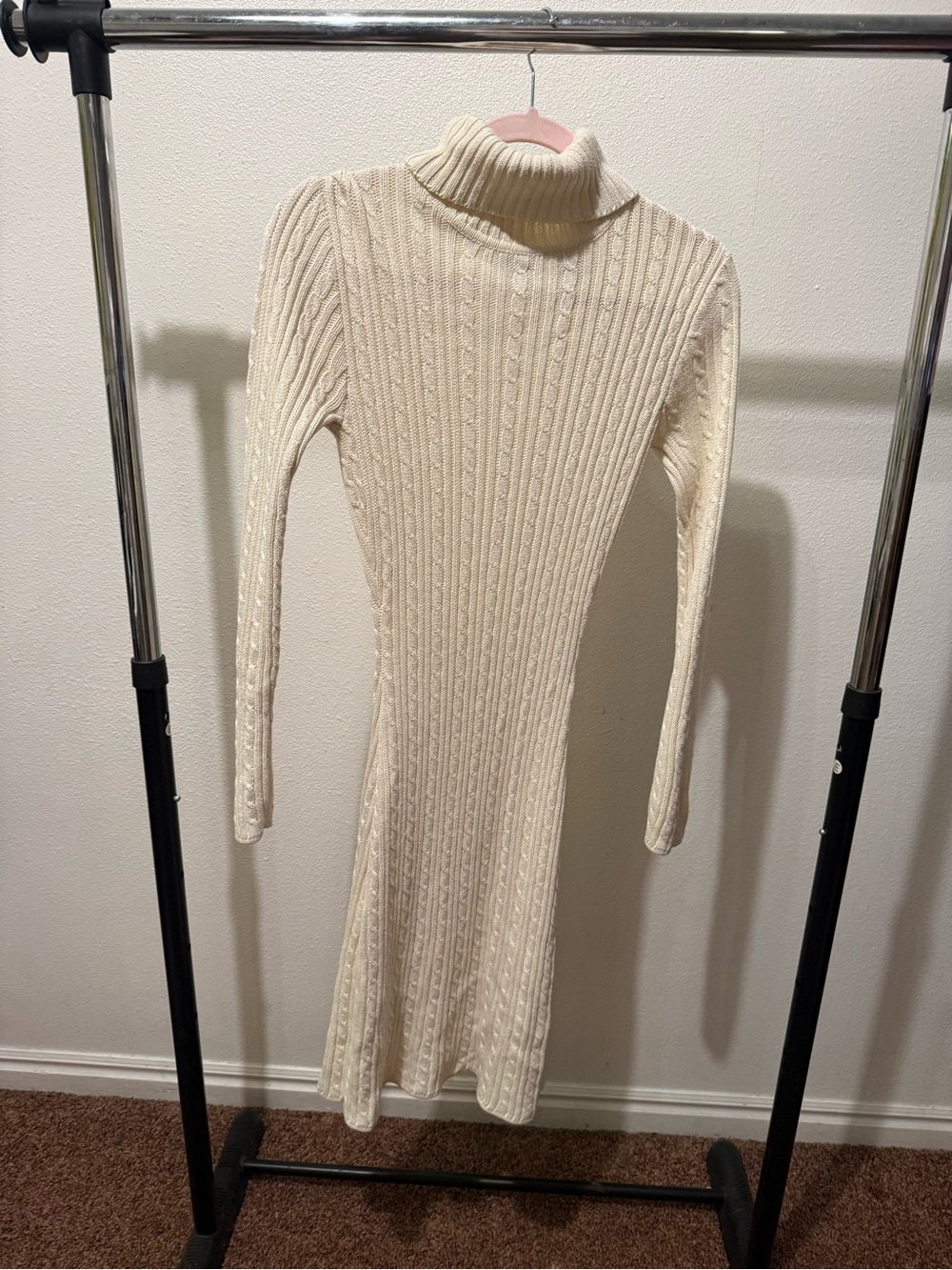 Moda Cream Cable-Knit Turtleneck Long-Sleeve Dress